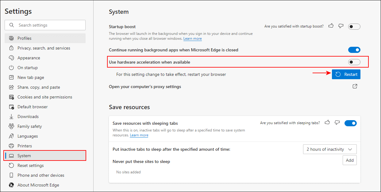 Deactivating Hardware Acceleration on Microsoft Edge Web Browser